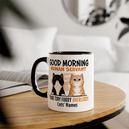 Funny Cat Mug Personalized - Up to 3 Pets - 75 Breed and Color Choices - Good Morning Human Servant - Custom Mug for Cat Lovers, Moms, Dads - Customized Fur Mama Gift - 8 Coffee Cup Colors (2 pets) Fido &amp; Whiskers