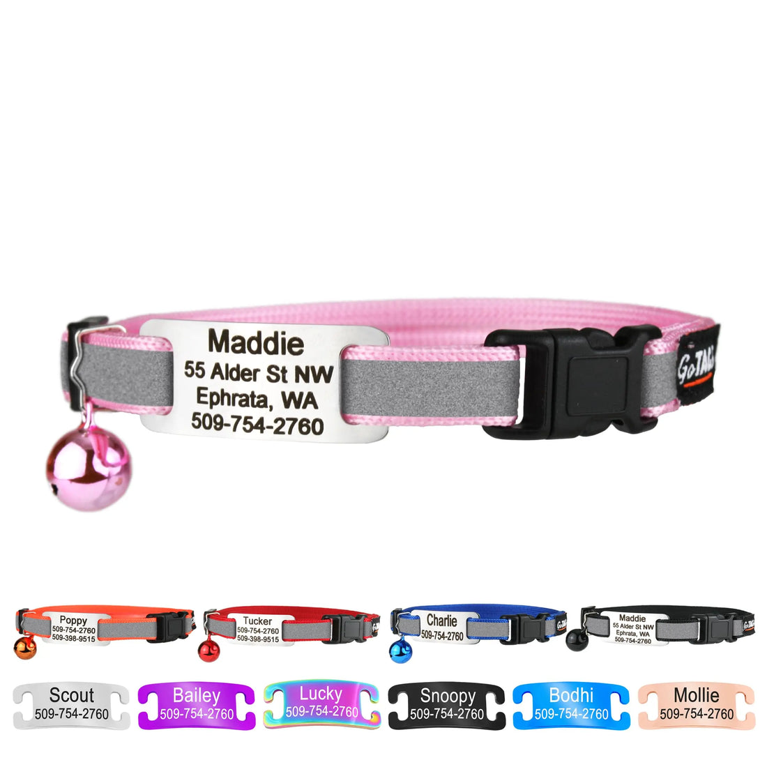 GoTags Personalized Reflective Cat Collars with Tag, Engraved Custom with Name and Phone, Breakaway Collar with Safety Buckle and Bell, Adjustable for Cats and Kitten, (Pink with Nameplate) GoTags