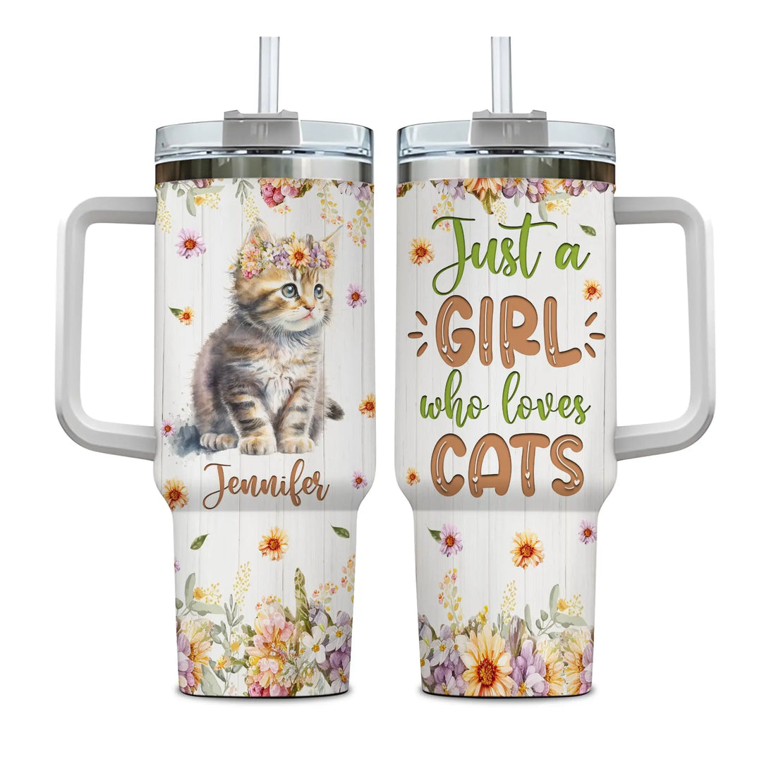 Hyturtle Personalized Gifts For Cat Lover Tumbler 40oz with Handle and Straw - Stainless Steel Travel Coffee Cup With Lid - Cute Animal Lover Gifts For Women, Girl On Birthday Christmas Hyturtle