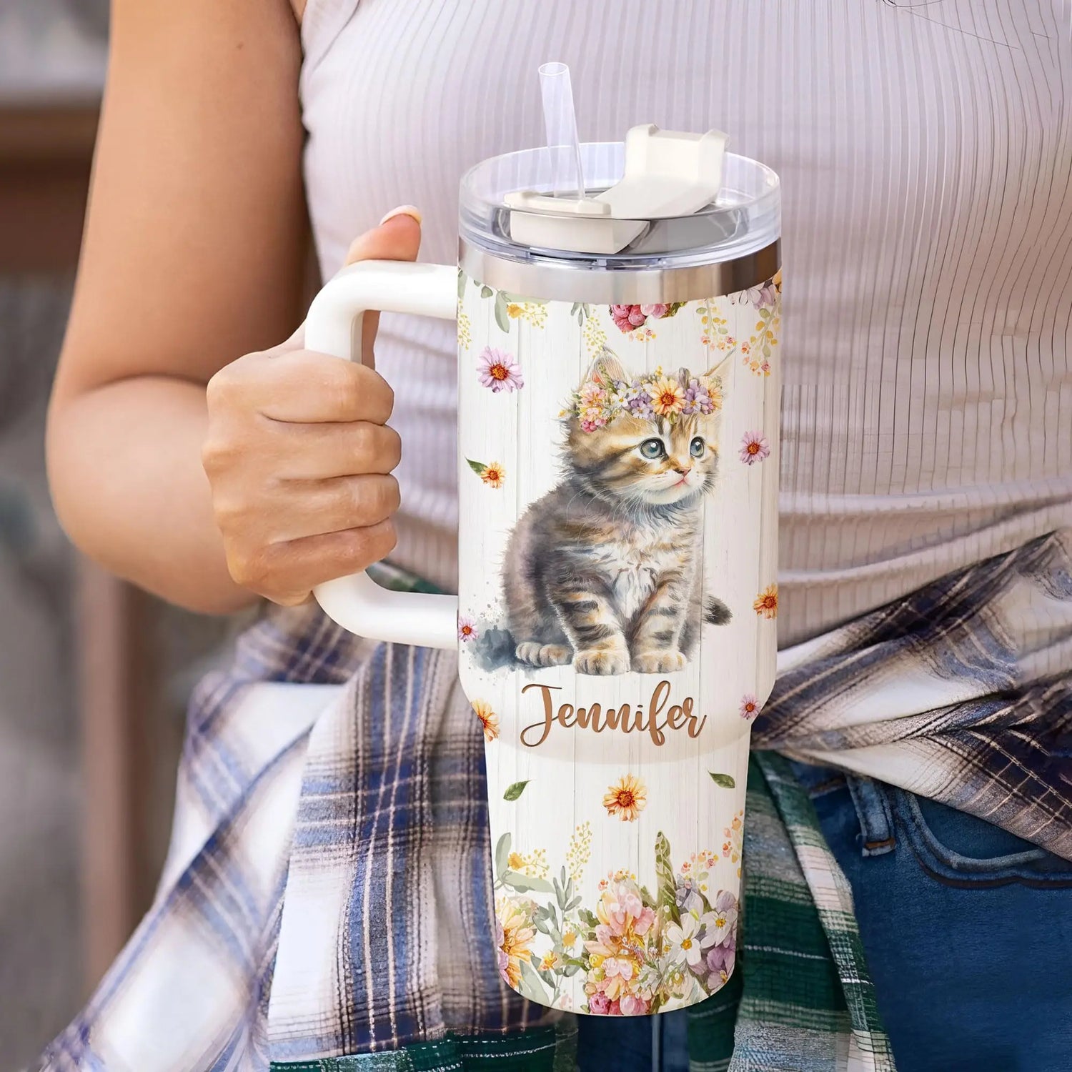 Hyturtle Personalized Gifts For Cat Lover Tumbler 40oz with Handle and Straw - Stainless Steel Travel Coffee Cup With Lid - Cute Animal Lover Gifts For Women, Girl On Birthday Christmas Hyturtle