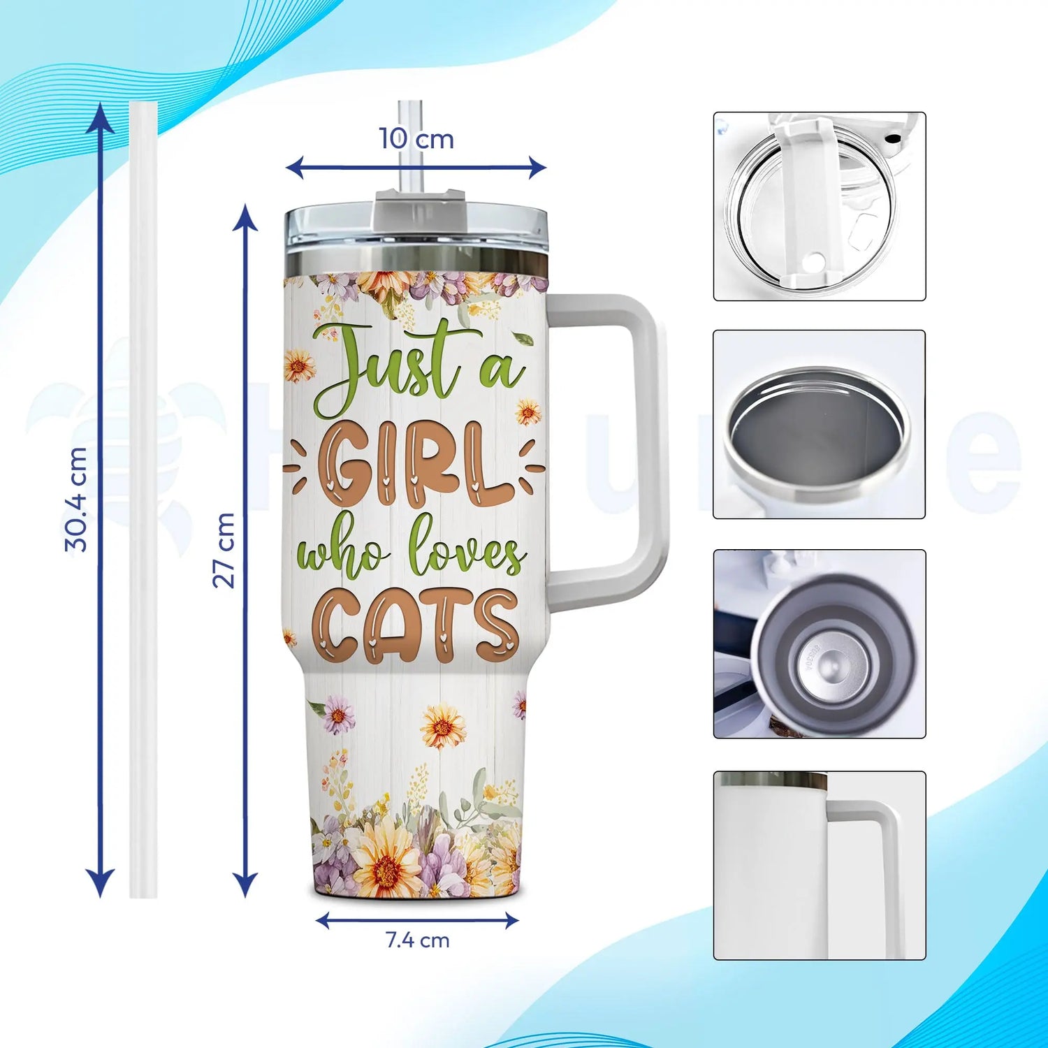 Hyturtle Personalized Gifts For Cat Lover Tumbler 40oz with Handle and Straw - Stainless Steel Travel Coffee Cup With Lid - Cute Animal Lover Gifts For Women, Girl On Birthday Christmas Hyturtle