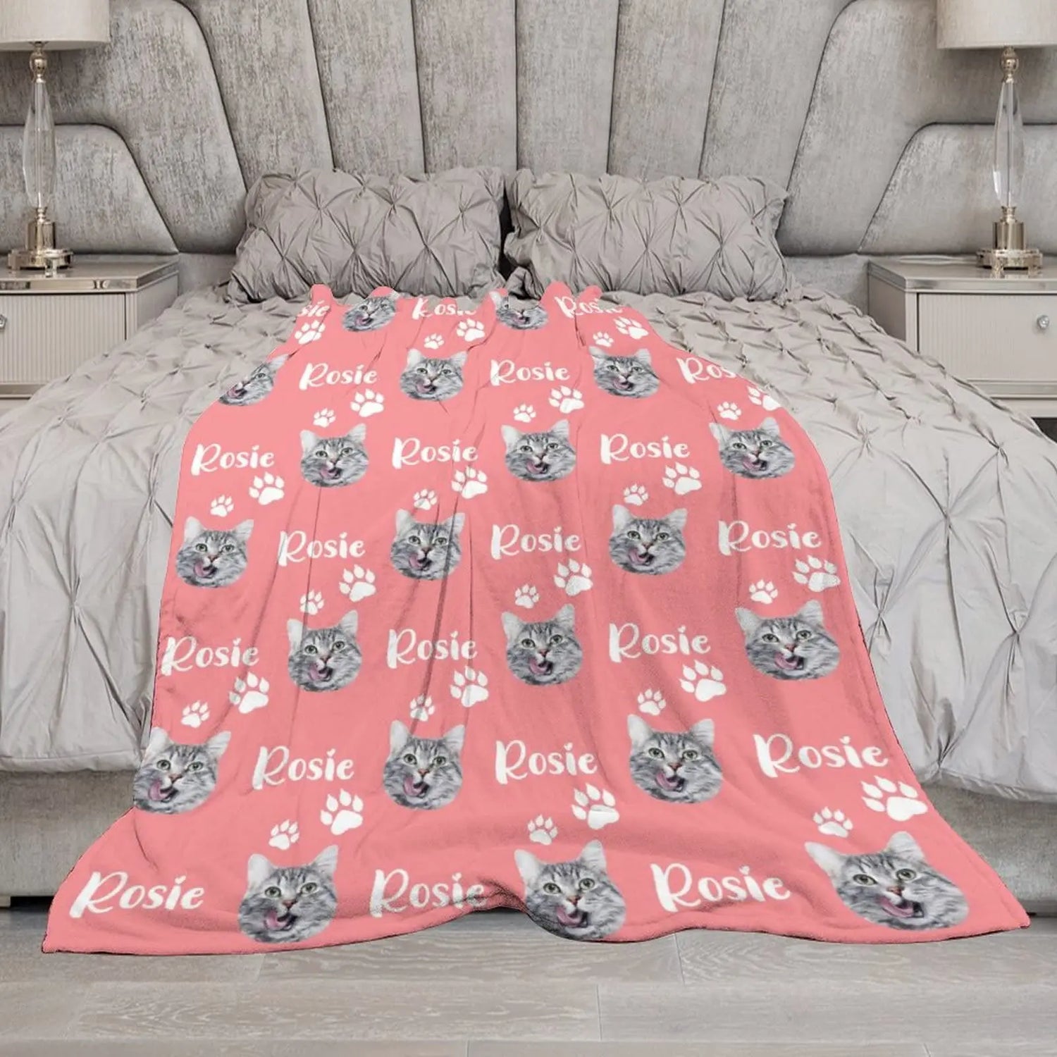 Personalized Cat Face &amp; Name Blanket with Paw Prints, Custom Cat Lover Gift, Customized Pet Memorial Throw Blanket Gifts for Women Men Pet Cat Lovers Memorial Gift, Pet Loss Sympathy Gifts, 9 Colors Artsadd