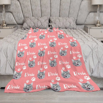 Personalized Cat Face &amp; Name Blanket with Paw Prints, Custom Cat Lover Gift, Customized Pet Memorial Throw Blanket Gifts for Women Men Pet Cat Lovers Memorial Gift, Pet Loss Sympathy Gifts, 9 Colors Artsadd