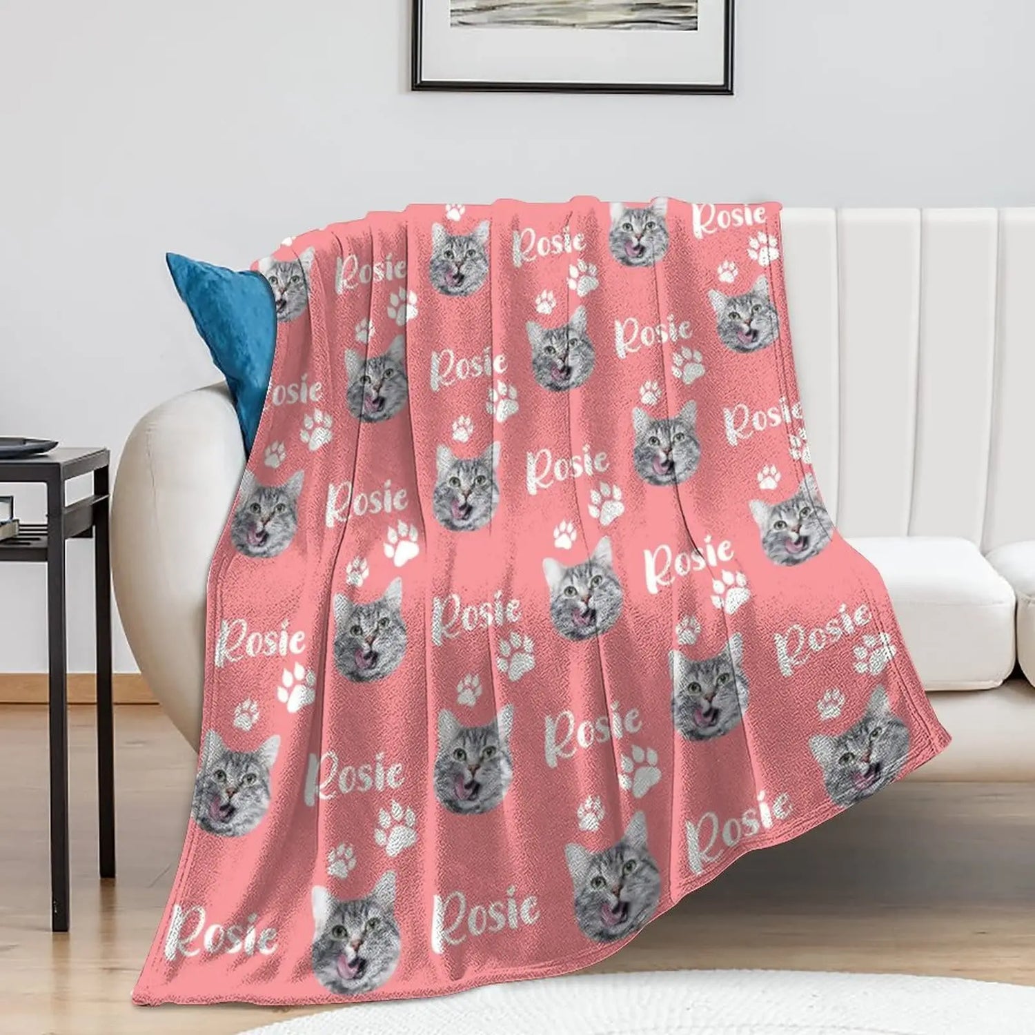 Personalized Cat Face &amp; Name Blanket with Paw Prints, Custom Cat Lover Gift, Customized Pet Memorial Throw Blanket Gifts for Women Men Pet Cat Lovers Memorial Gift, Pet Loss Sympathy Gifts, 9 Colors Artsadd