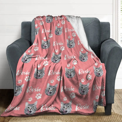 Personalized Cat Face &amp; Name Blanket with Paw Prints, Custom Cat Lover Gift, Customized Pet Memorial Throw Blanket Gifts for Women Men Pet Cat Lovers Memorial Gift, Pet Loss Sympathy Gifts, 9 Colors Artsadd