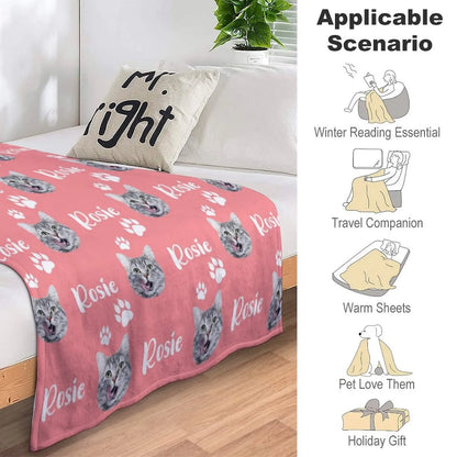 Personalized Cat Face &amp; Name Blanket with Paw Prints, Custom Cat Lover Gift, Customized Pet Memorial Throw Blanket Gifts for Women Men Pet Cat Lovers Memorial Gift, Pet Loss Sympathy Gifts, 9 Colors Artsadd
