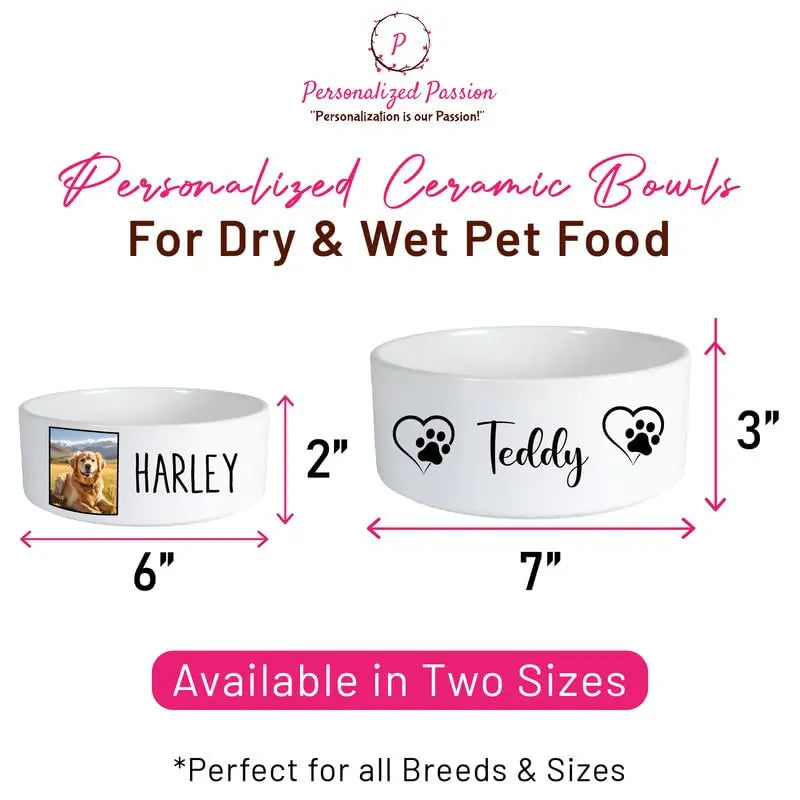 Personalized Ceramic Dog Bowls with Name &amp; Photo - Cute Custom Ceramic Pet Bowls for Dogs, Cats, Rabbits - Non-Slip Pet Food Bowls for Dry/Wet Food &amp; Water - Heart &amp; Paw 2 - Large Personalized Passion