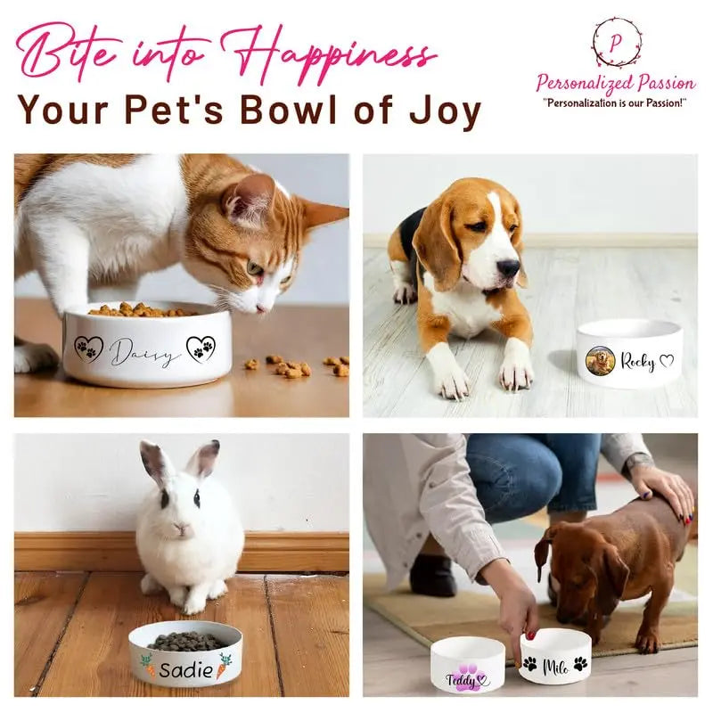 Personalized Ceramic Dog Bowls with Name &amp; Photo - Cute Custom Ceramic Pet Bowls for Dogs, Cats, Rabbits - Non-Slip Pet Food Bowls for Dry/Wet Food &amp; Water - Heart &amp; Paw 2 - Large Personalized Passion