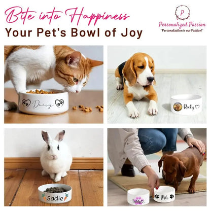 Personalized Ceramic Dog Bowls with Name &amp; Photo - Cute Custom Ceramic Pet Bowls for Dogs, Cats, Rabbits - Non-Slip Pet Food Bowls for Dry/Wet Food &amp; Water - Heart &amp; Paw 2 - Large Personalized Passion