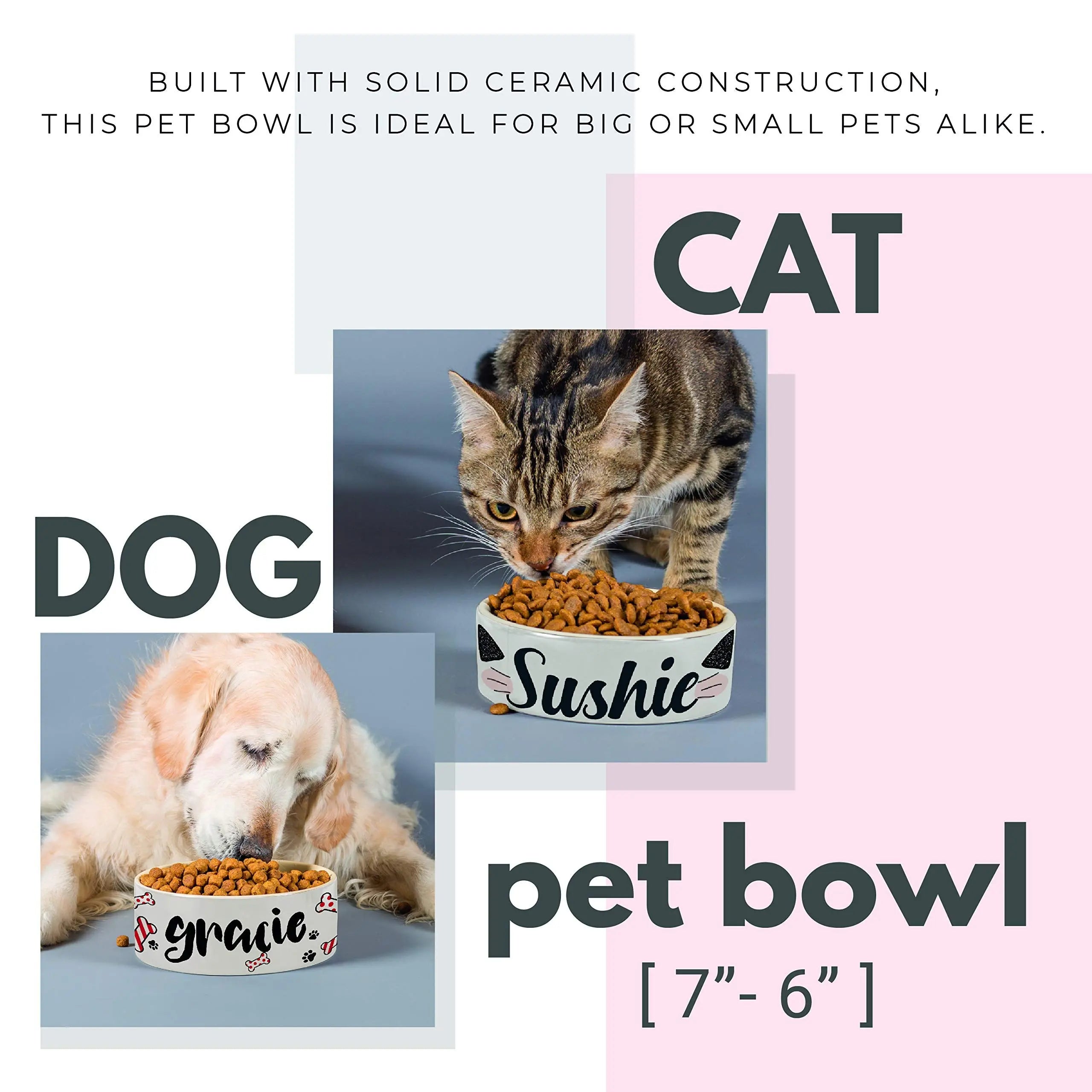 Personalized Ceramic Pet Bowls | Customizable 14 Designs w Your Pet’s Name | 6 inches - Custom Pet Bowls for Dog, Cat, Puppy or Kitten - Dish for Dry, Wet Food or Water - Pet Owner Gifts Personalized Favors