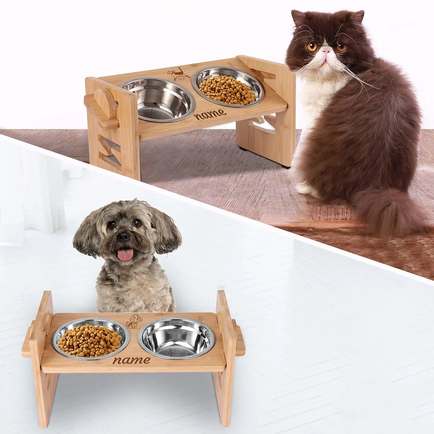 Personalized Dog Bowl with Name and Adjustable Bamboo Stand PHOENIXTANG