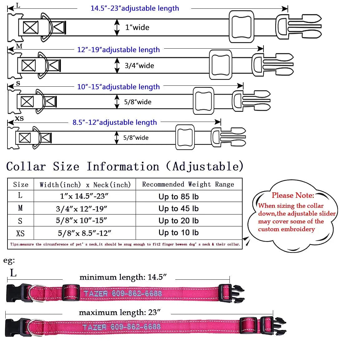 Personalized Dog Collar, Custom Embroidered Pet Name and Phone Number 4 Adjustable Sizes X-Small Small Medium Large Quick Release Buckle and D-Ring YDL