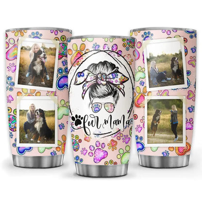 Personalized Dog Mom Gift For Women, Fur Mom Tumbler With Lid, 20oz 30oz Travel Mug For Pet Lovers Owners, Custom Photo Pink Paw Stainless Steel Cup So Many Pets
