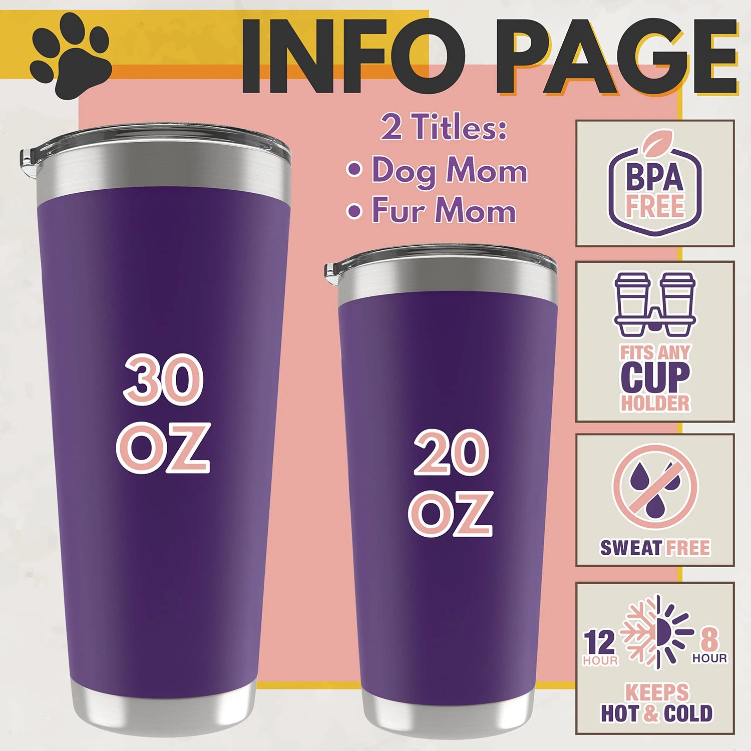 Personalized Dog Mom Tumbler with Engraved Names Up to 6 Paws -20 Oz &amp; 30 Oz, 13 Colors- Insulated Stainless Steel Tumbler with Lid, Gifts for Mom from Daughter, Fur Mama Gifts, Pet Owner Gift Lara Laser Works