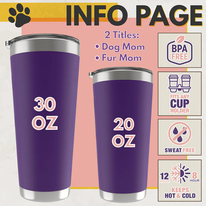 Personalized Dog Mom Tumbler with Engraved Names Up to 6 Paws -20 Oz &amp; 30 Oz, 13 Colors- Insulated Stainless Steel Tumbler with Lid, Gifts for Mom from Daughter, Fur Mama Gifts, Pet Owner Gift Lara Laser Works