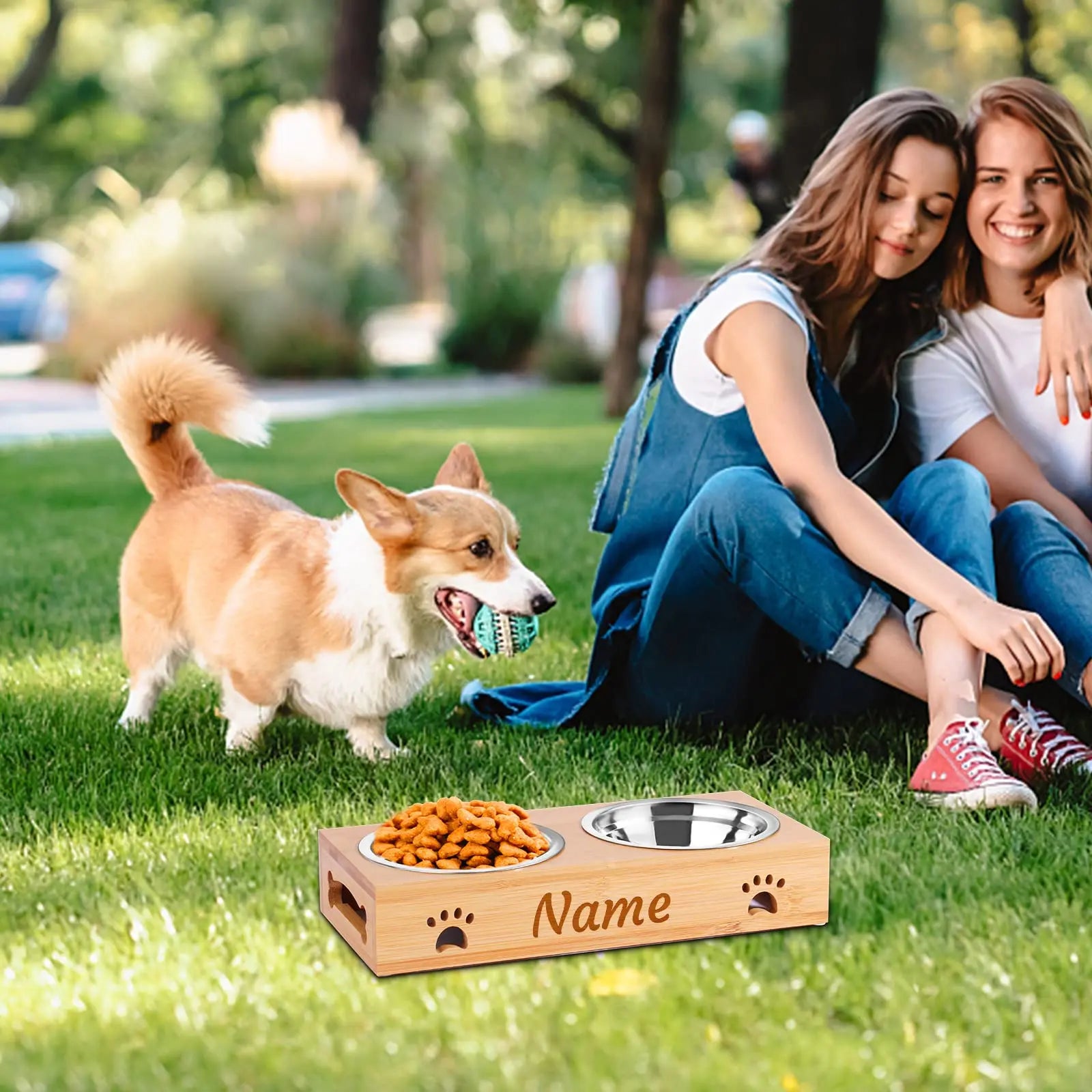 Personalized Elevated Bamboo Pet Feeding Station with Stainless Steel Bowls and Non-Slip Base NGTSFLY