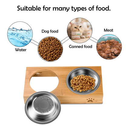 Personalized Elevated Bamboo Pet Feeding Station with Stainless Steel Bowls and Non-Slip Base NGTSFLY
