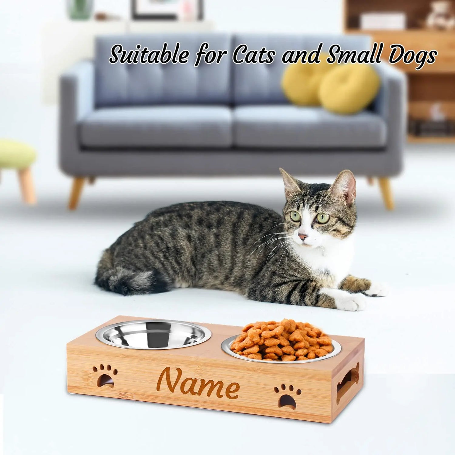 Personalized Elevated Bamboo Pet Feeding Station with Stainless Steel Bowls and Non-Slip Base NGTSFLY