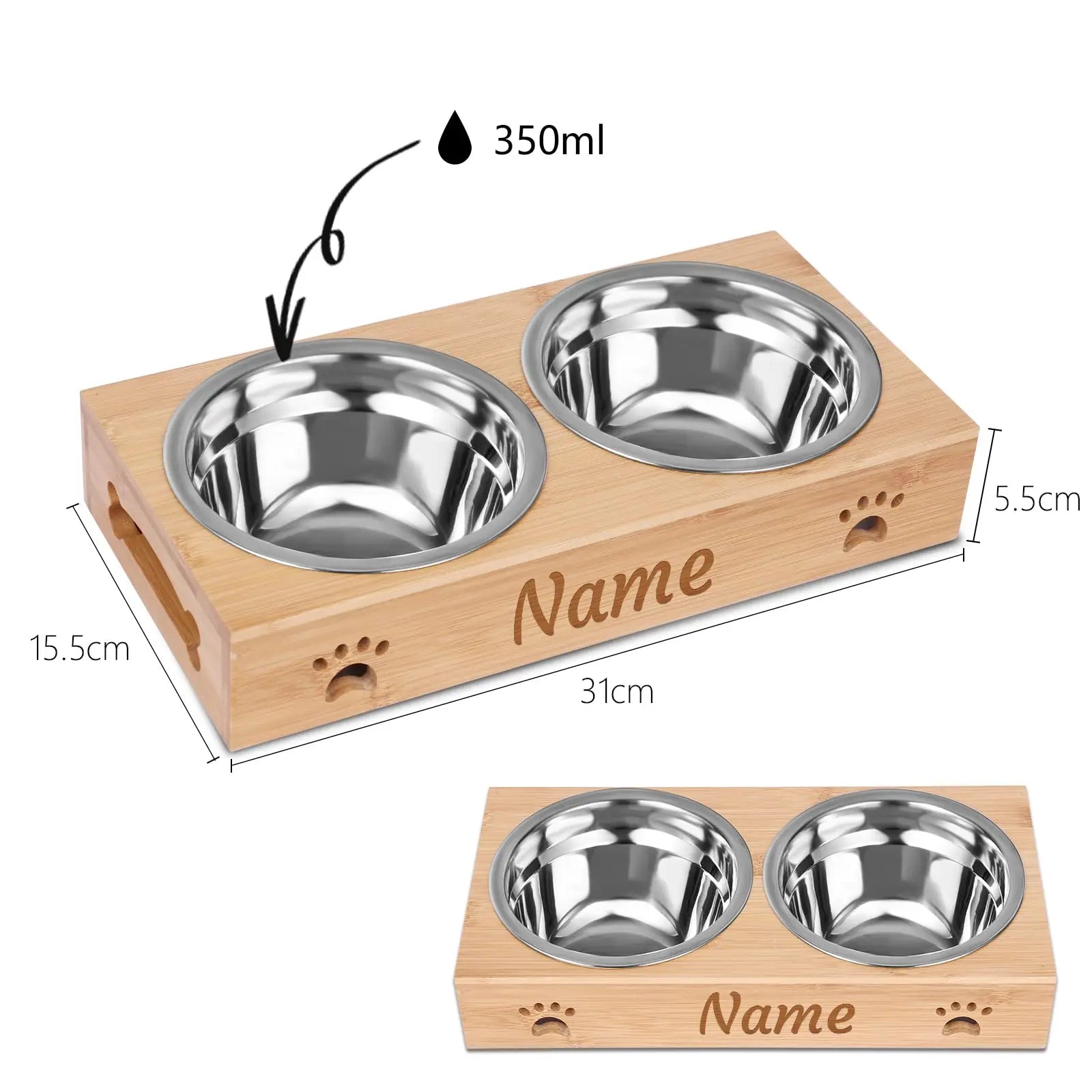 Personalized Elevated Bamboo Pet Feeding Station with Stainless Steel Bowls and Non-Slip Base NGTSFLY