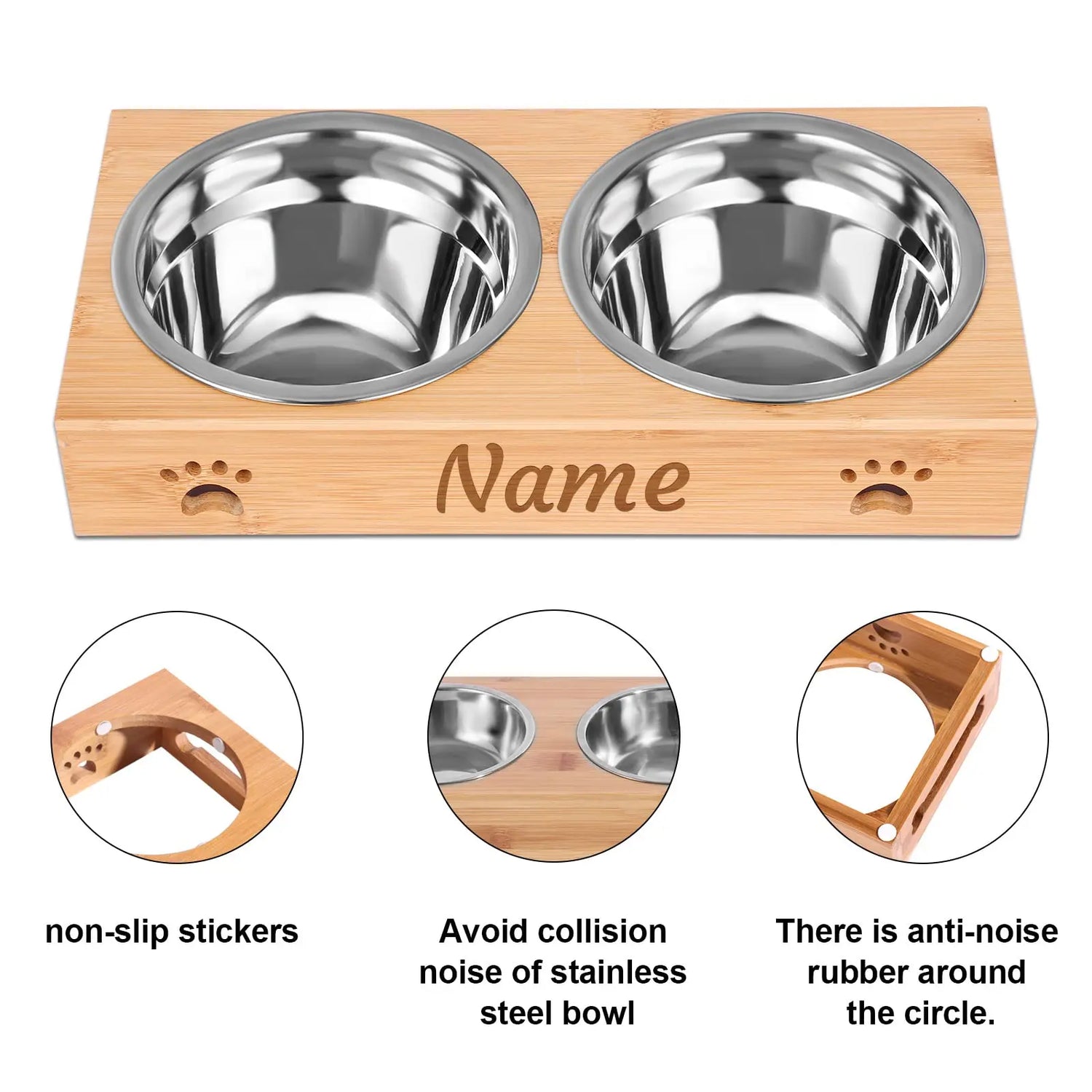 Personalized Elevated Bamboo Pet Feeding Station with Stainless Steel Bowls and Non-Slip Base NGTSFLY