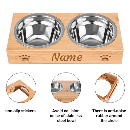 Personalized Elevated Bamboo Pet Feeding Station with Stainless Steel Bowls and Non-Slip Base NGTSFLY