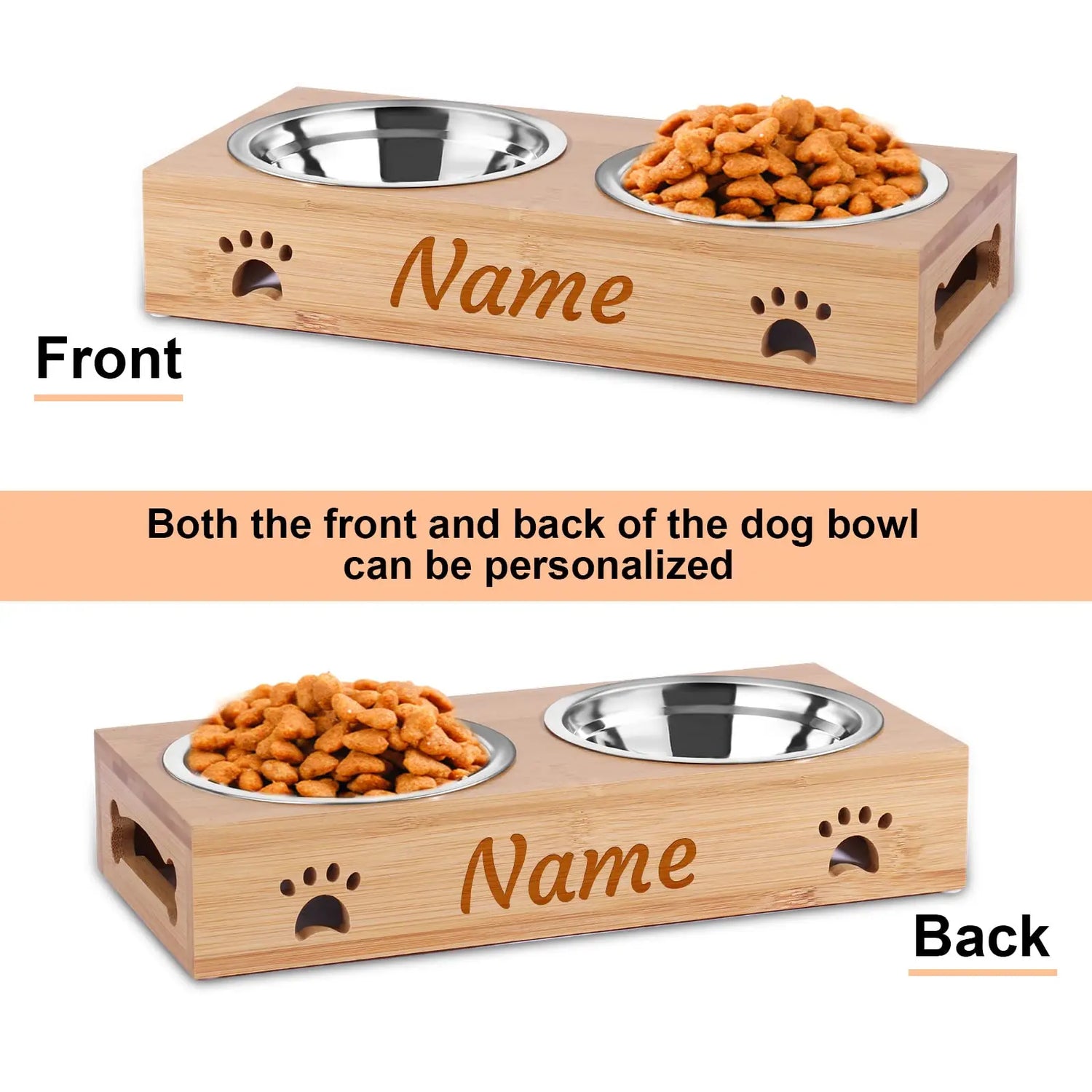 Personalized Elevated Bamboo Pet Feeding Station with Stainless Steel Bowls and Non-Slip Base NGTSFLY
