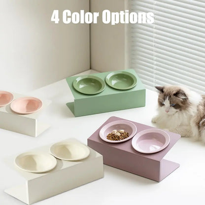Personalized Elevated Cat Bowls 15° Tilted Raised Pet Dishes for Food and Water,Metal Body Stand Feeder with Laser Customization, 2 Ceramic Dish for Cats, Small Dogs AnNengJing