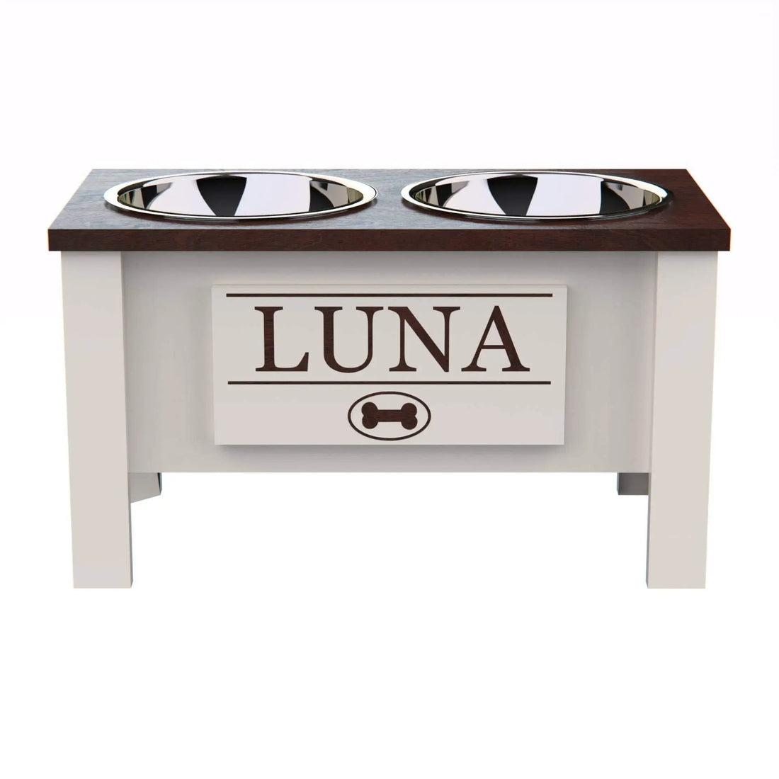 Personalized Elevated Dog Feeding Station with Stainless Steel Bowls - Stylish Storage Solution for Dogs of All Sizes in Dark Walnut GrooveThis Woodshop
