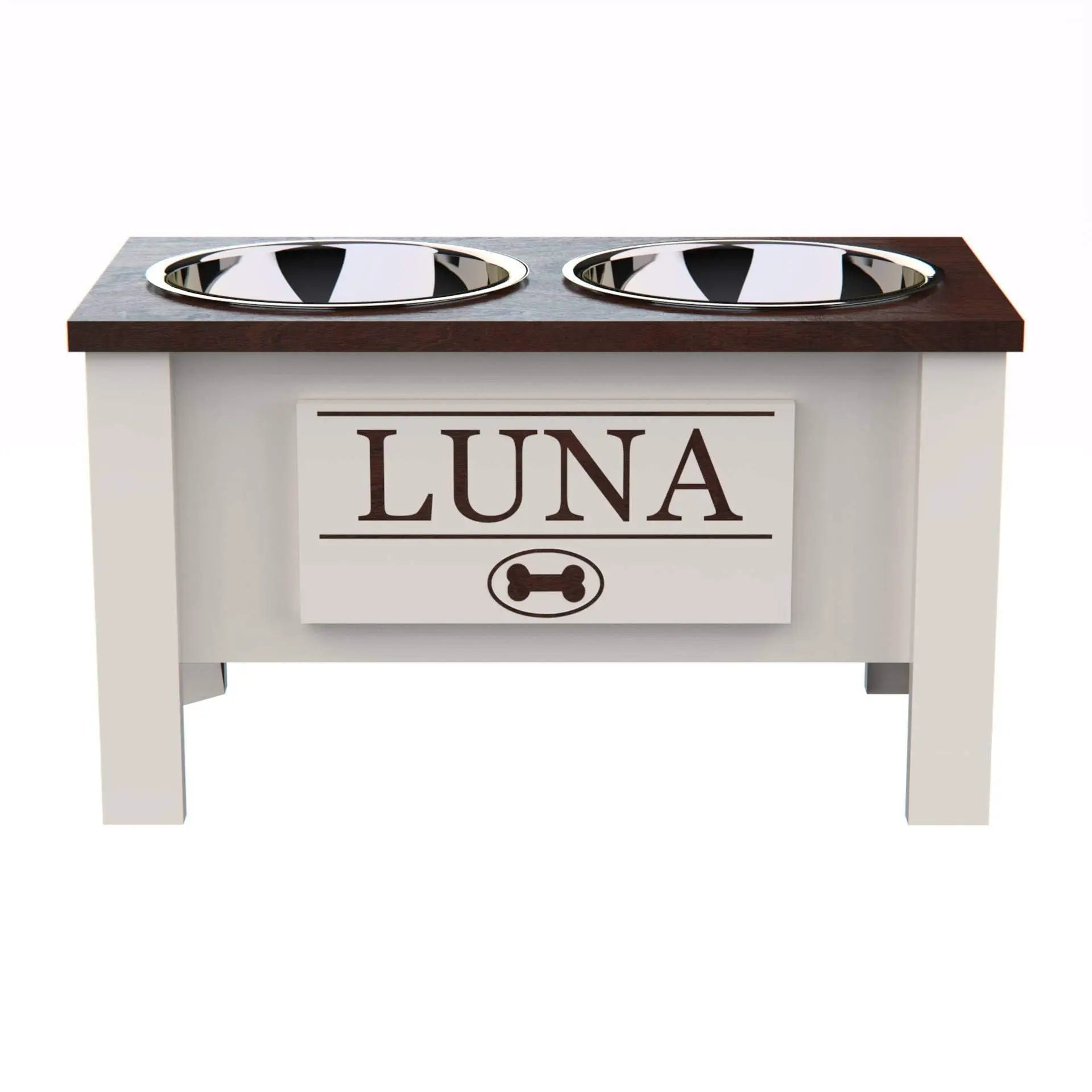 Personalized Elevated Dog Feeding Station with Stainless Steel Bowls - Stylish Storage Solution for Dogs of All Sizes in Dark Walnut GrooveThis Woodshop