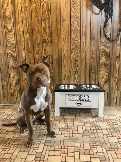 Personalized Elevated Dog Feeding Station with Stainless Steel Bowls - Stylish Storage Solution for Dogs of All Sizes in Dark Walnut GrooveThis Woodshop