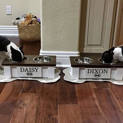 Personalized Elevated Dog Feeding Station with Stainless Steel Bowls - Stylish Storage Solution for Dogs of All Sizes in Dark Walnut GrooveThis Woodshop