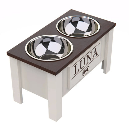 Personalized Elevated Dog Feeding Station with Stainless Steel Bowls - Stylish Storage Solution for Dogs of All Sizes in Dark Walnut GrooveThis Woodshop