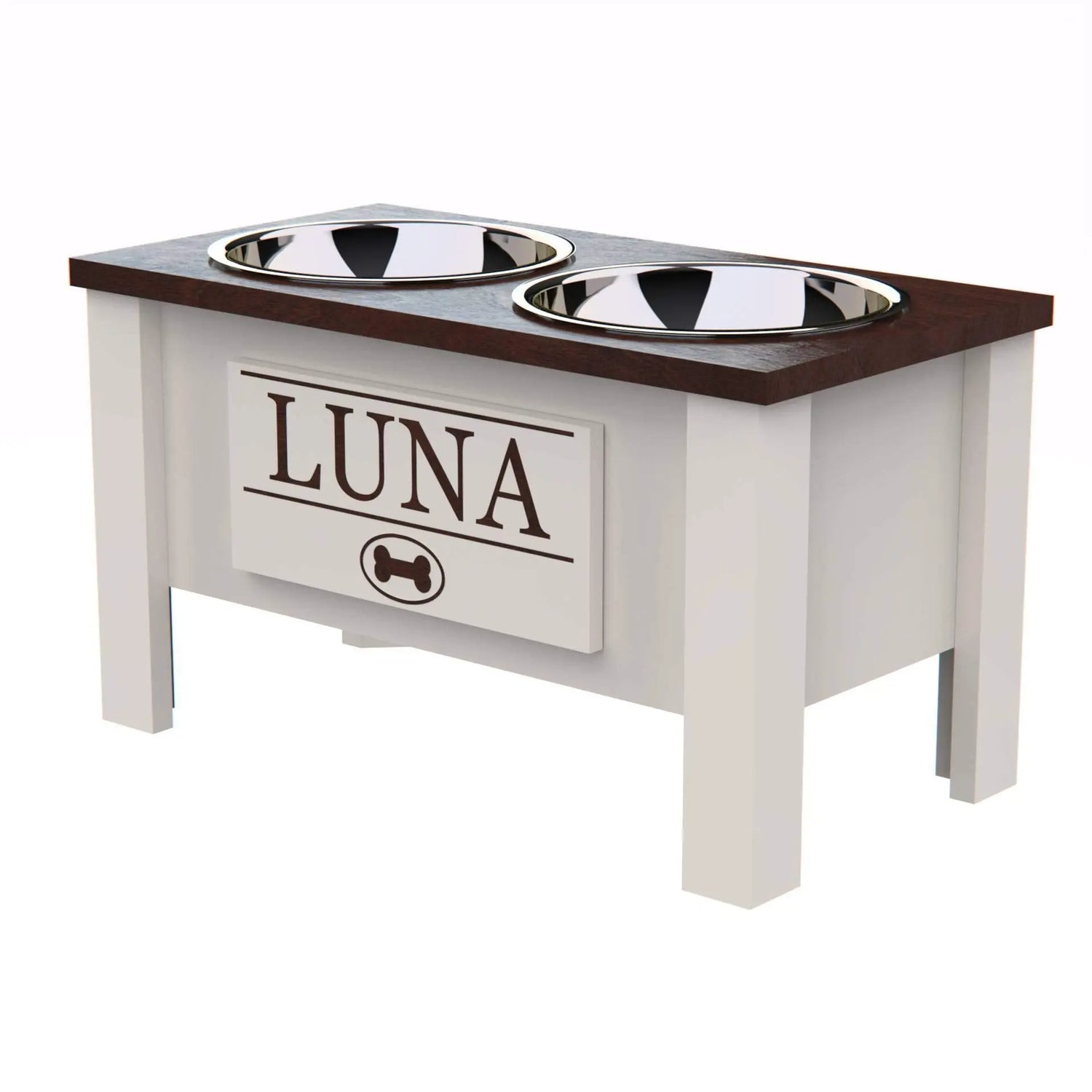 Personalized Elevated Dog Feeding Station with Stainless Steel Bowls - Stylish Storage Solution for Dogs of All Sizes in Dark Walnut GrooveThis Woodshop