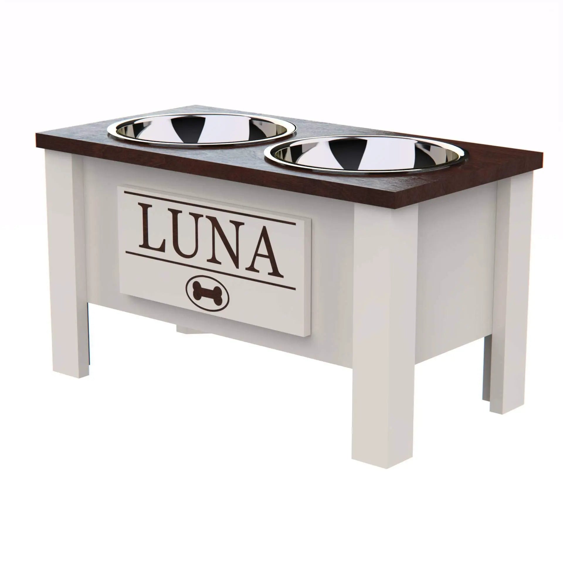 Personalized Elevated Dog Feeding Station with Stainless Steel Bowls - Stylish Storage Solution for Dogs of All Sizes in Dark Walnut GrooveThis Woodshop
