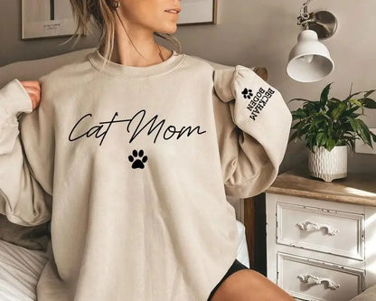 Personalized Embroidered Cat Mom Sweatshirt, Cat Mom Sweatshirt, Mom Sweatshirt, Custom Cat Mom Sweatshirt with Children&