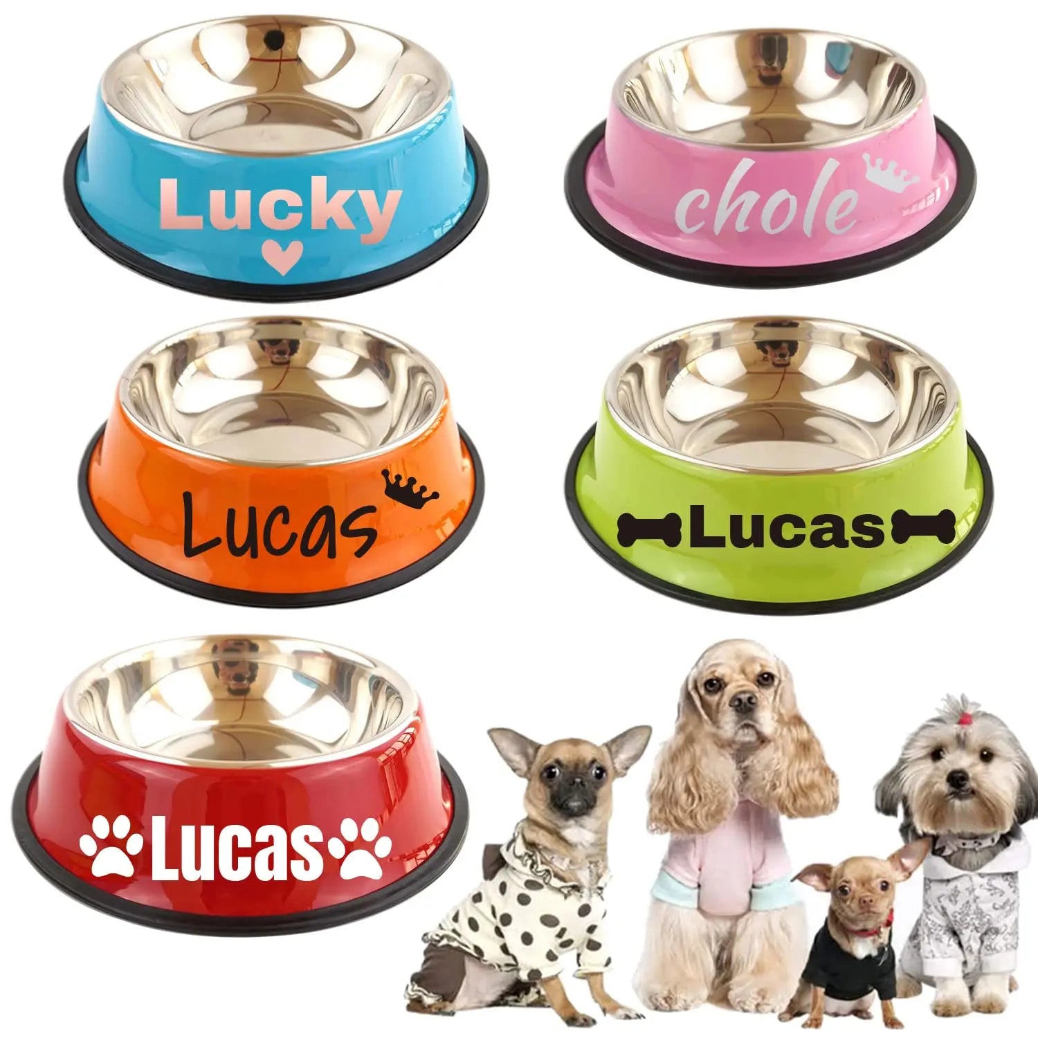 Personalized Name for Cat Dog Stainless Steel Colored Pet Puppy Cat Bowl Non-Slip Durable Pet Bowl Feeder Feeding Dog Water Bowl 通用