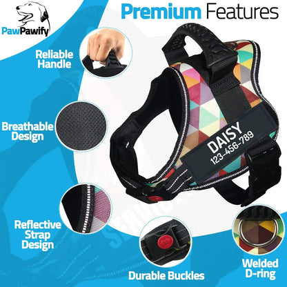 Personalized No Pull Dog Harness with Custom Name and Phone Number by PawPawify, Heavy Duty Pet Vest to Prevent Tugging, Pulling, or Choking, Training and Walking L Chest 28-38in Color Grid PawPawify
