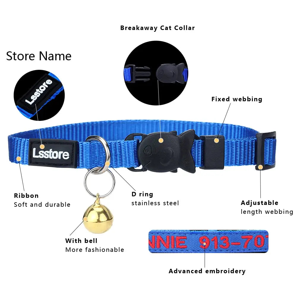 Personalized Nylon Cat Collar Breakaway with Bell - Custom Embroidered Text ID Collars with Pet Name and Phone Number Lsstore