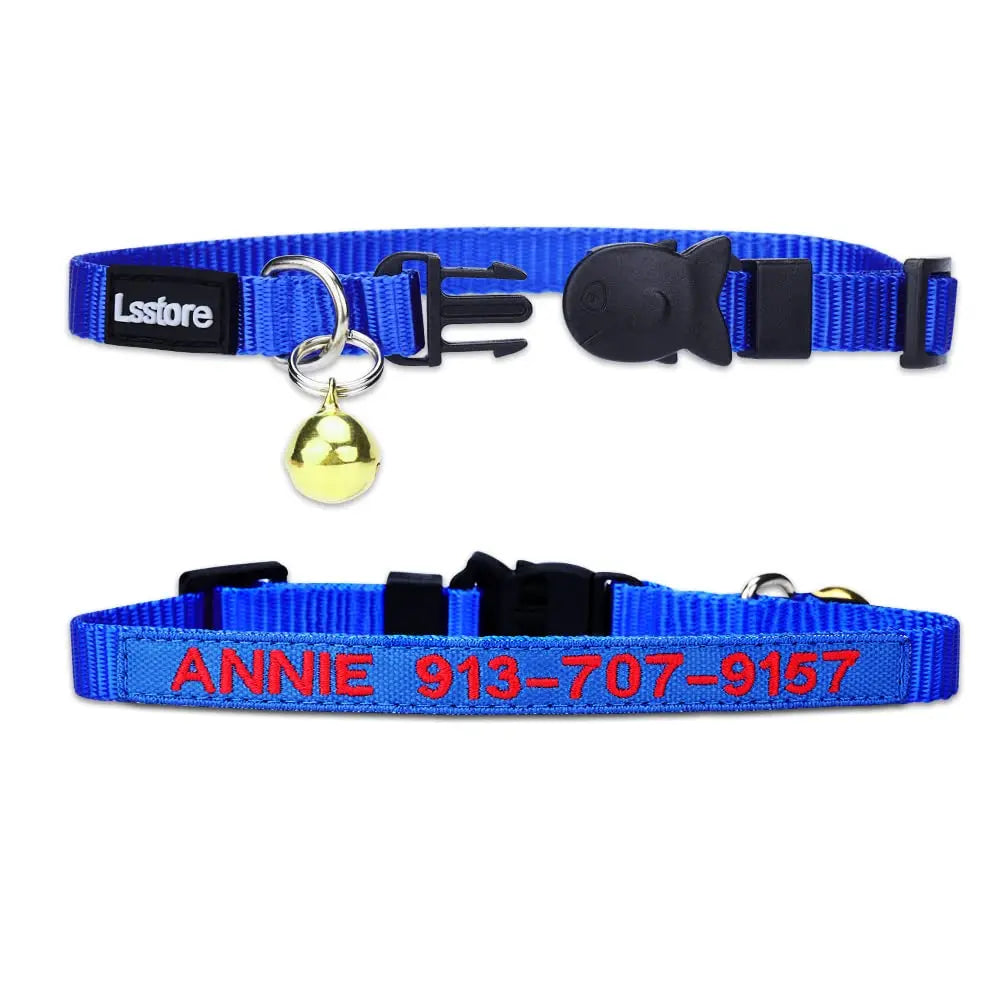 Personalized Nylon Cat Collar Breakaway with Bell - Custom Embroidered Text ID Collars with Pet Name and Phone Number Lsstore