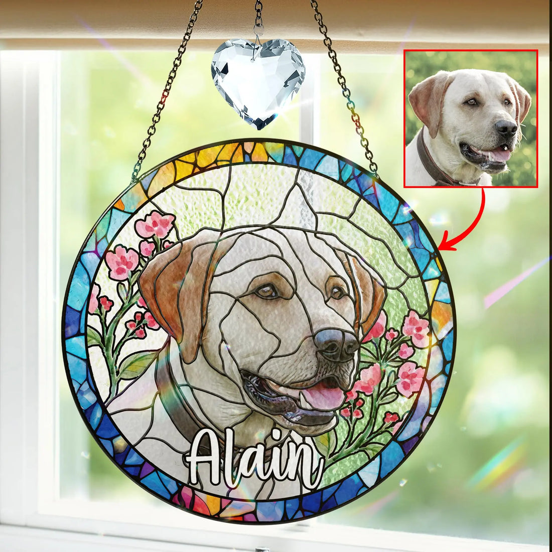 Personalized Pet Stained Glass Suncatcher, Custom Name Pet Photo Memorial Ornament, Window Hanging Sympathy Gift for Loss of Pet, Dog Cat Bereavement Keepsake, Remembrance Gift for Dog Lovers vinatimes