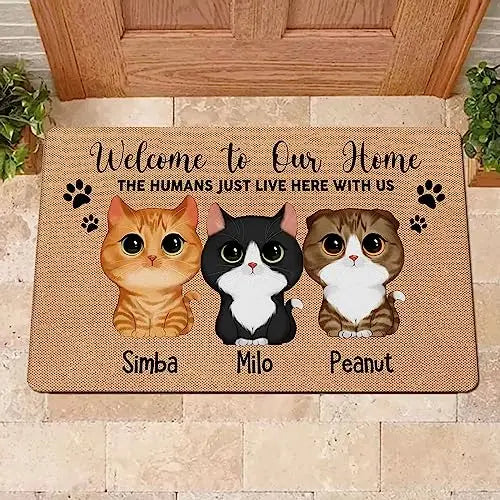 Personalized Welcome to Our Home The Humans Just Live Here with Us Mat Funny Cat Doormat Gift for Cat Dad Cat Mom Cat Lover Custom Pet Gift Doormat on Birthday Christmas Henze