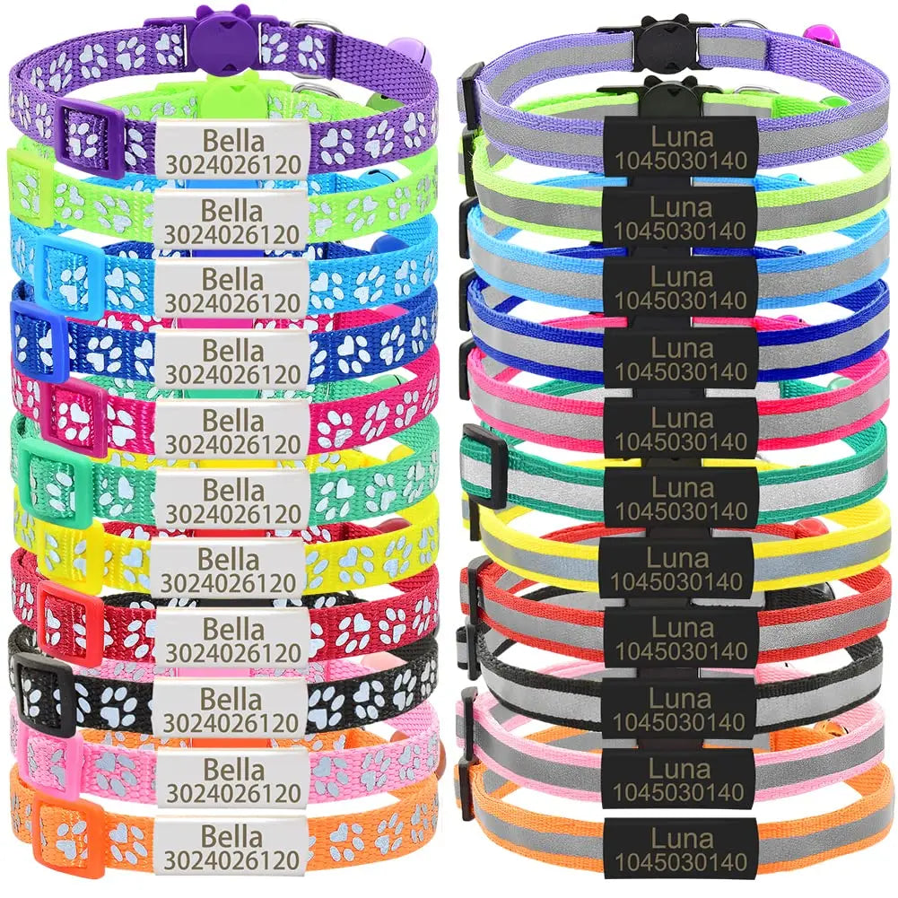 Senristar Personalized 2 Pack Reflective Cat Collar,Custom Breakaway Cat Collars with Name Tag and Bell,Anti-Lost Nameplate Cat Collar for Girls &amp; Boys (Purple,fit 8&