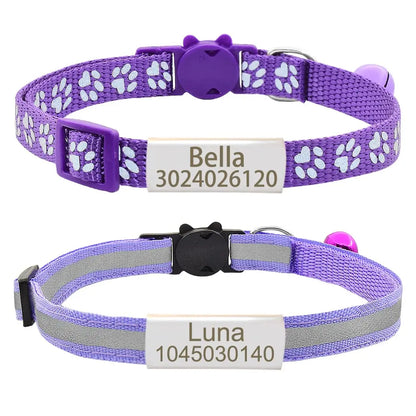 Senristar Personalized 2 Pack Reflective Cat Collar,Custom Breakaway Cat Collars with Name Tag and Bell,Anti-Lost Nameplate Cat Collar for Girls &amp; Boys (Purple,fit 8&