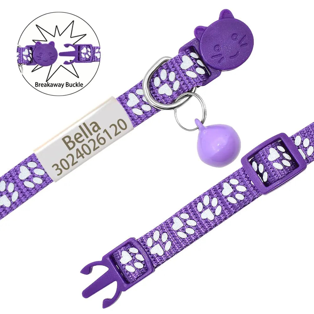 Senristar Personalized 2 Pack Reflective Cat Collar,Custom Breakaway Cat Collars with Name Tag and Bell,Anti-Lost Nameplate Cat Collar for Girls &amp; Boys (Purple,fit 8&