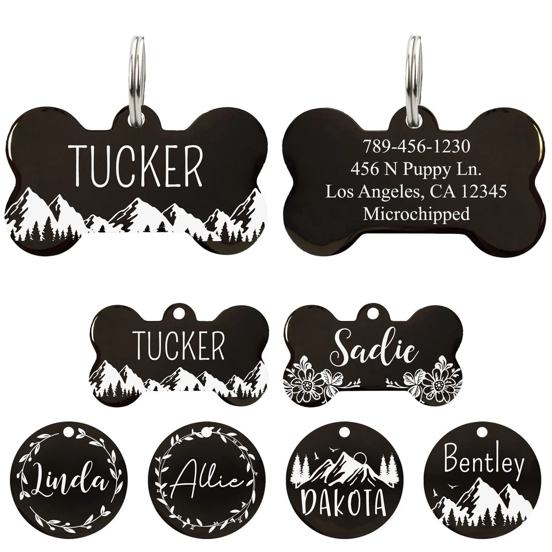 Ultra Joys Stainless Steel Pet ID Tag Dog Name Tags Personalized Front and Back Engraving, Customized Cat Tags, Optional Engraved on Both Sides, Bone Tag with Mountain Design, Large Ultra Joys