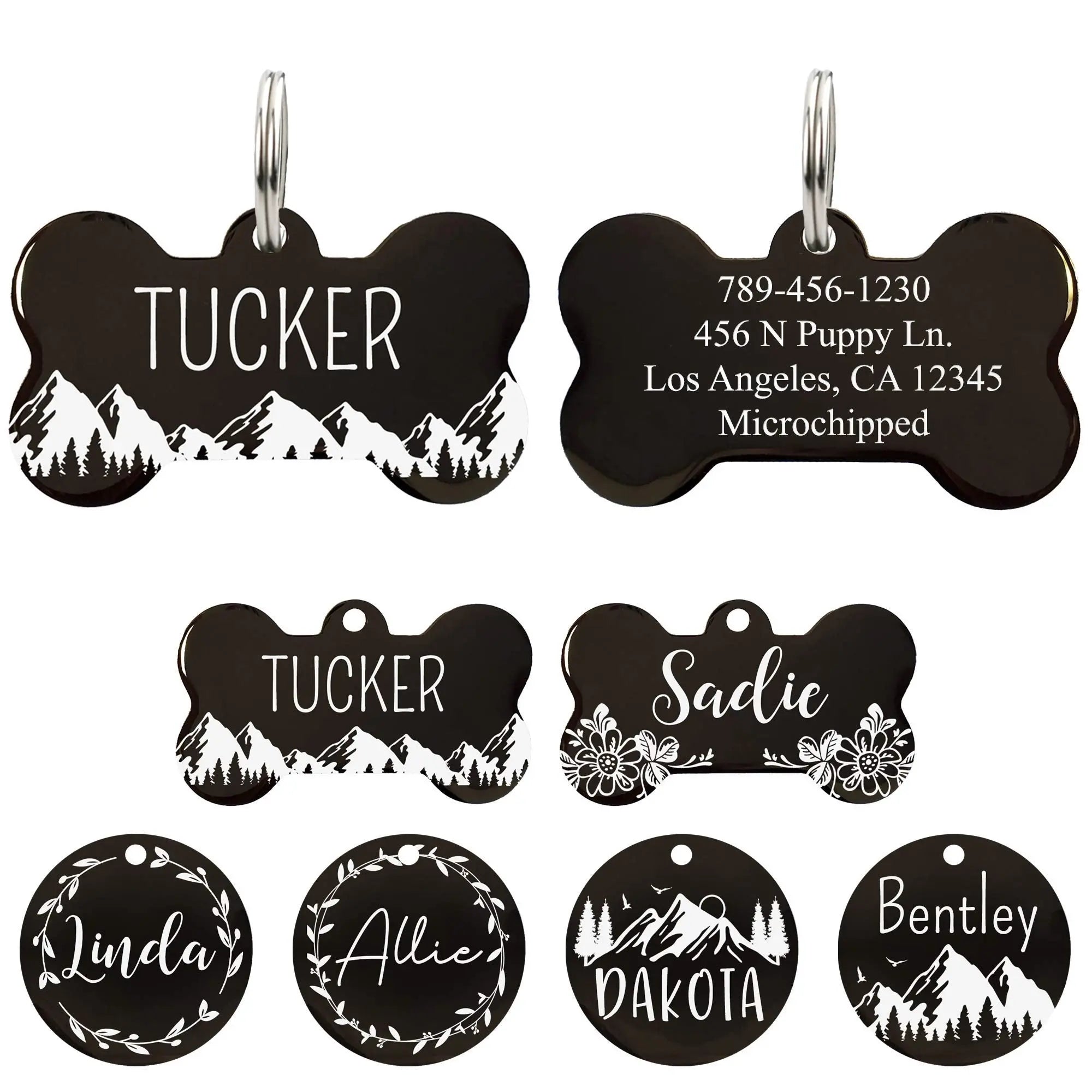 Ultra Joys Stainless Steel Pet ID Tag Dog Name Tags Personalized Front and Back Engraving, Customized Cat Tags, Optional Engraved on Both Sides, Bone Tag with Mountain Design, Large Ultra Joys