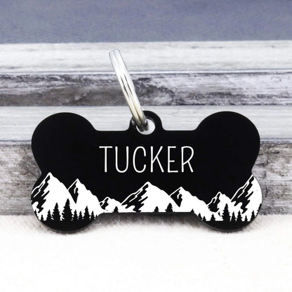 Ultra Joys Stainless Steel Pet ID Tag Dog Name Tags Personalized Front and Back Engraving, Customized Cat Tags, Optional Engraved on Both Sides, Bone Tag with Mountain Design, Large Ultra Joys